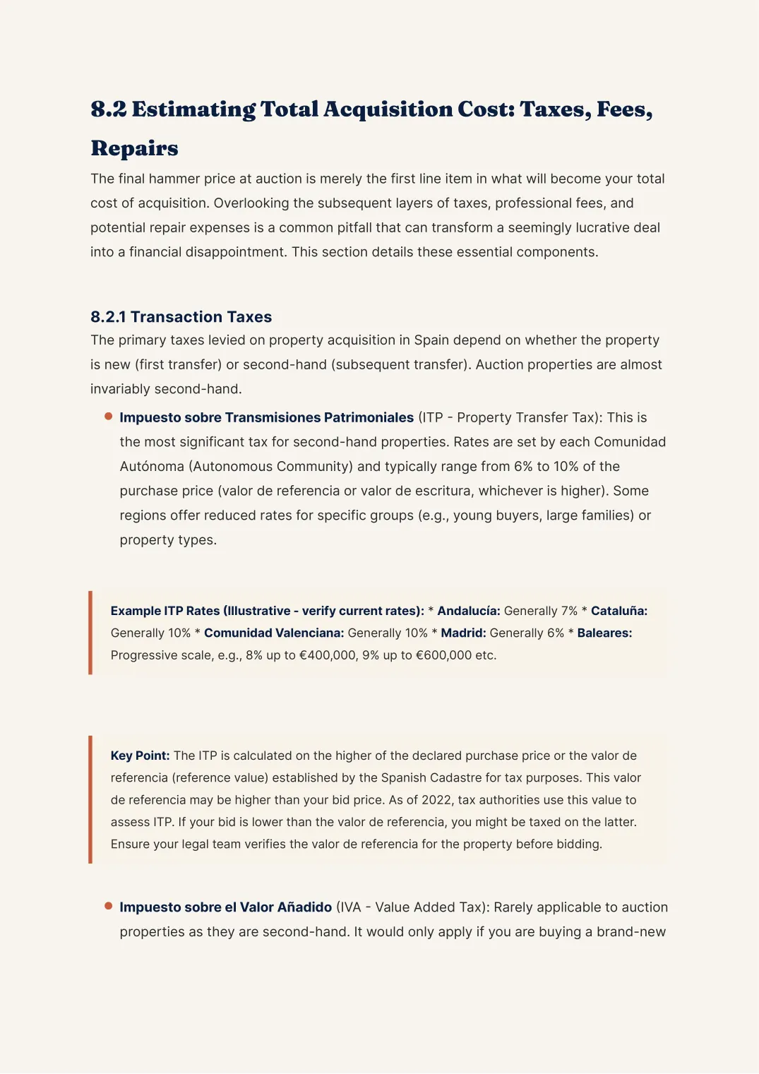 A page from Chapter 8 showing the full cost breakdown of an auction purchase