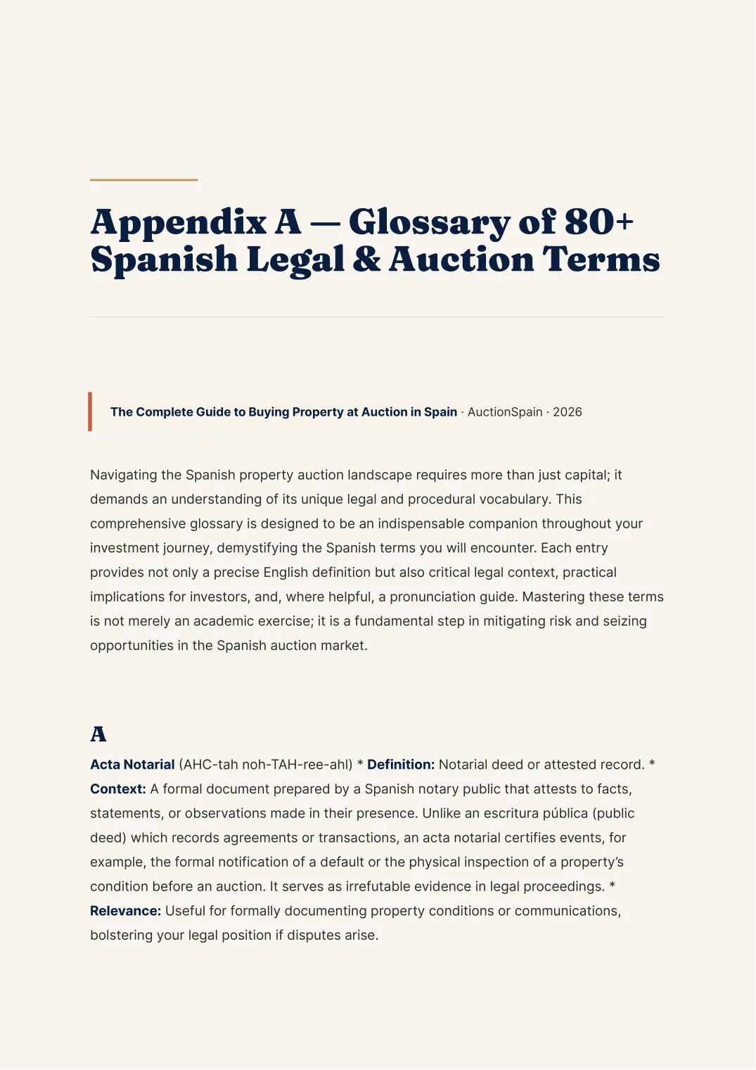 A page from the glossary of Spanish legal and auction terms
