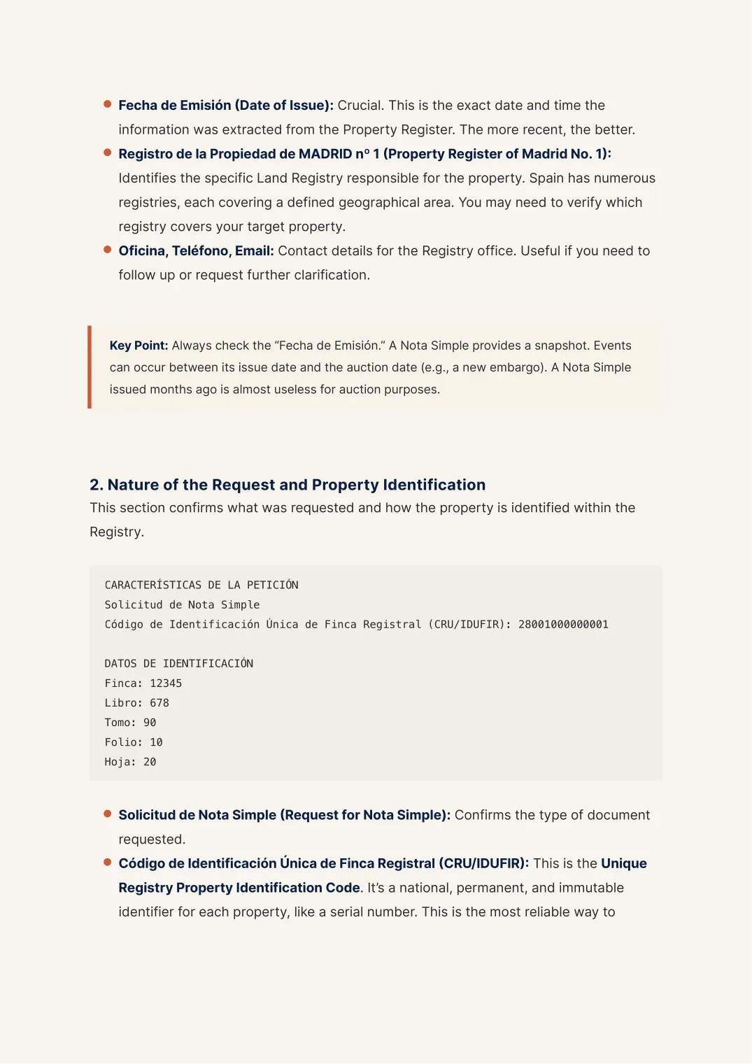 A page annotating a Spanish nota simple line by line